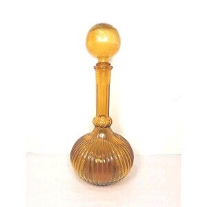 MCM Vintage Amber Glass Genie Bottle Italian Empoli Chemist Decanter 60s READ